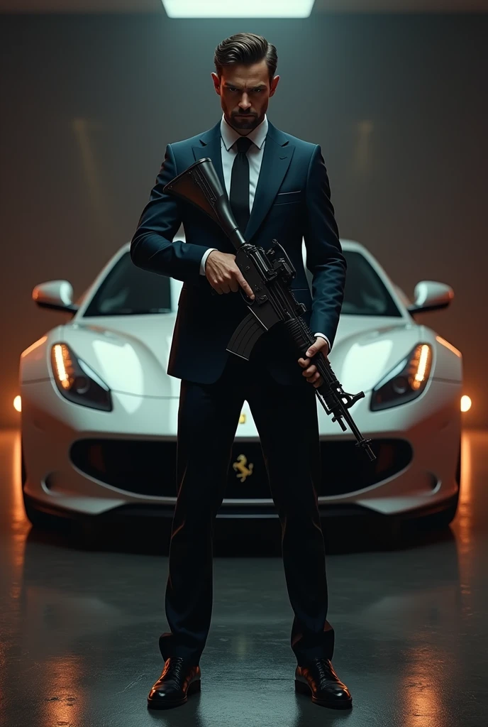 Lonley suited man with an automatik weapon sitting 10 meters in front of ferrari