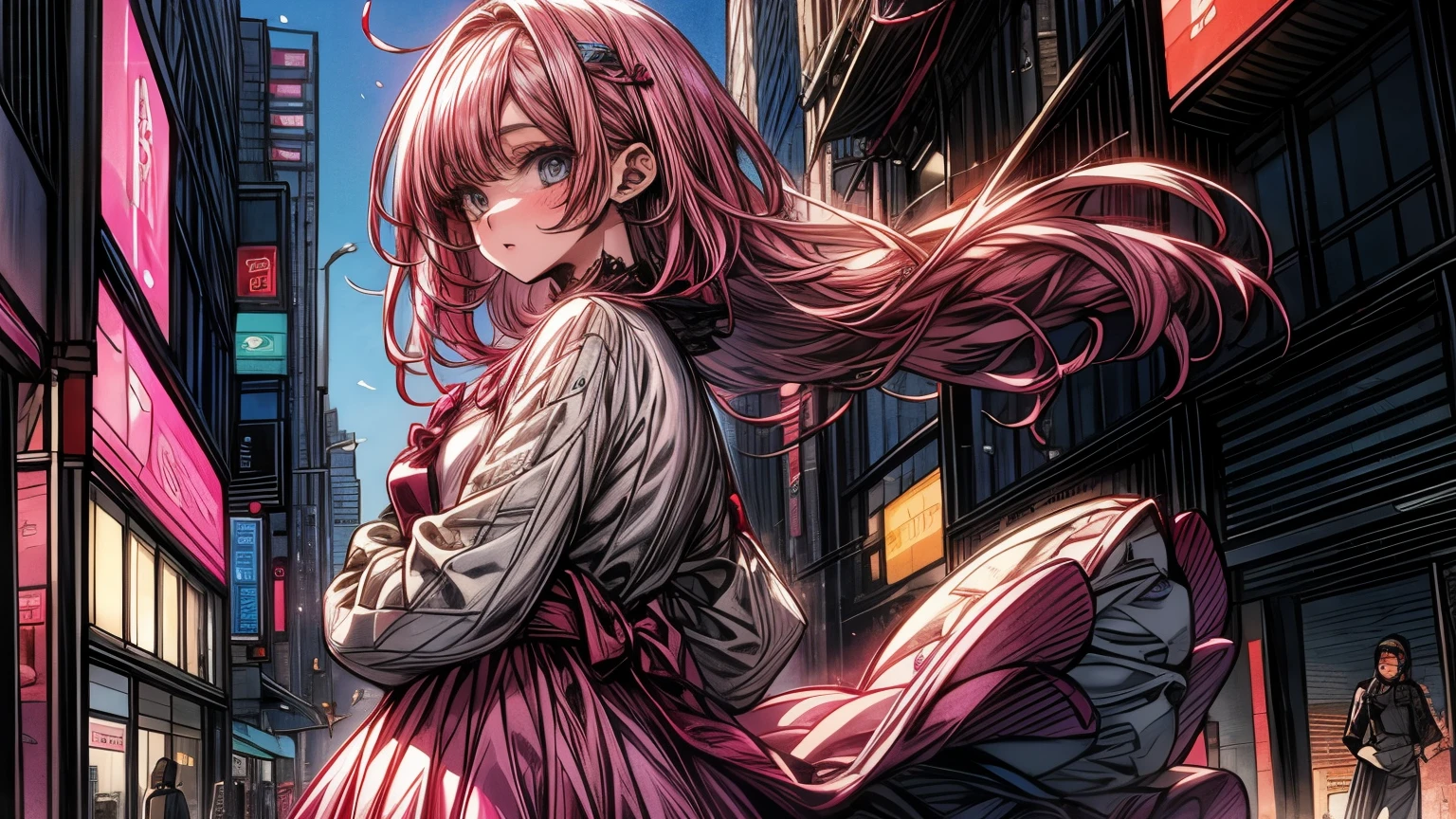 an anime girl, beautiful, pink hair, blue eyes, ojos beautifuls y definidos, modern pink dress, in the background of the city, beautiful, very detailed graphics, modern style art
