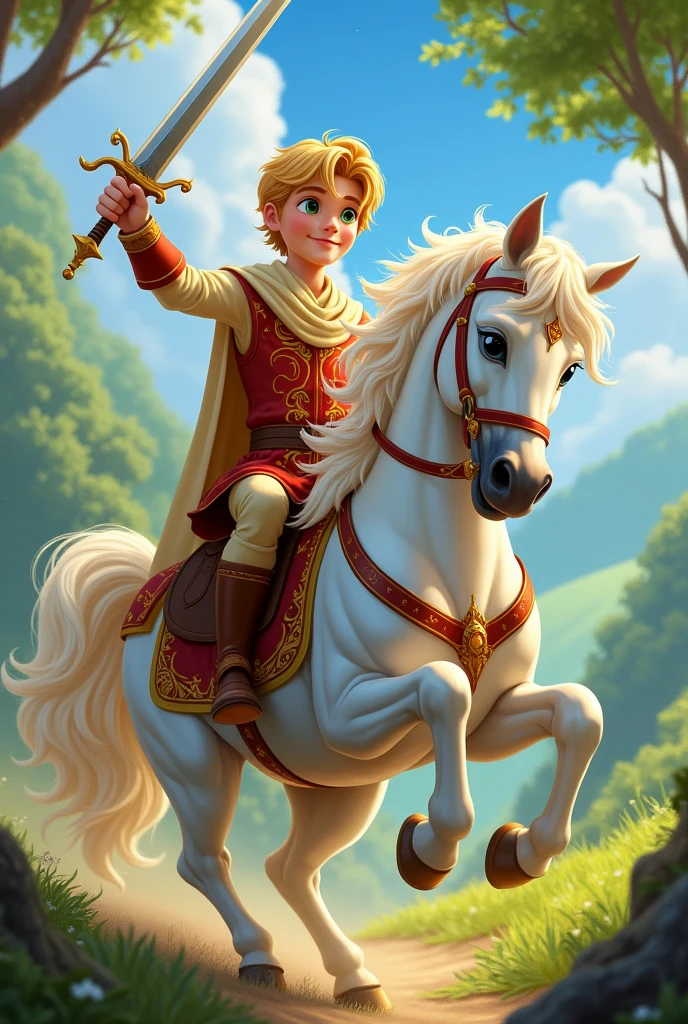 A prince with blond hair and green eyes riding a white horse, and with a sharp sword in his hand. Disney style