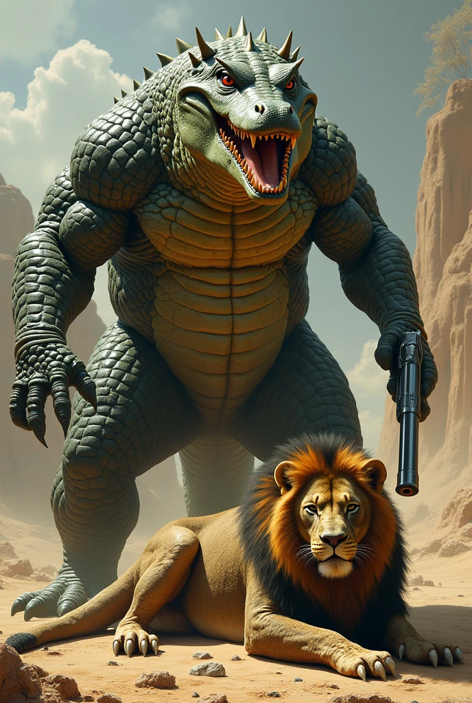 Create an image of a crocodile holding a revolver with a dead lion on the ground
