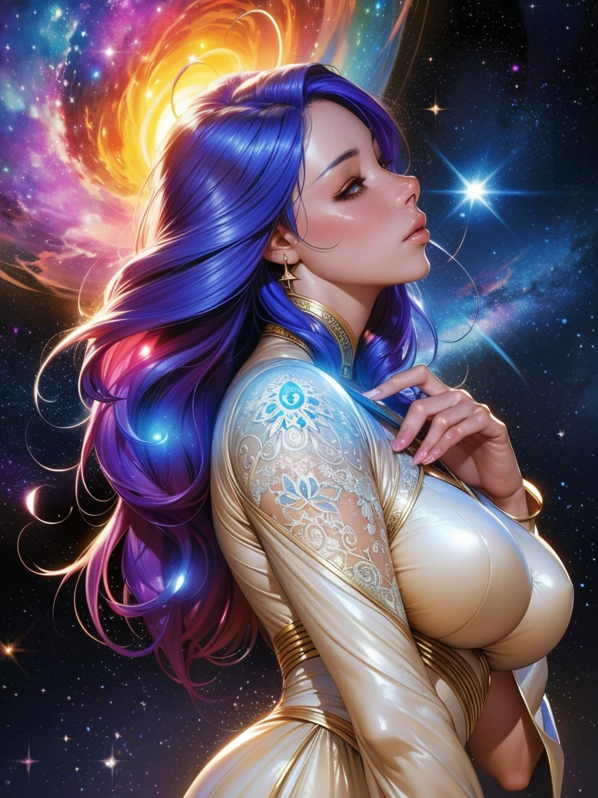 a close-up shot of an ethereal star woman with eyes body and face glowing like galaxies, surrounded by swirling, vibrant cosmic colors, vibrant star planet, ultra-detailed and photorealistic rendering, soft ambient lighting, starry nebulae in the background, dynamic and radiant color gradients, glowing reflections, cinematic composition, surreal and otherworldly atmosphere, intricate facial features, flowing hair infused with cosmic energy, luminous and ethereal, celestial radiance, soft yet detailed textures, otherworldly beauty looking up, fingers to cheeks,
