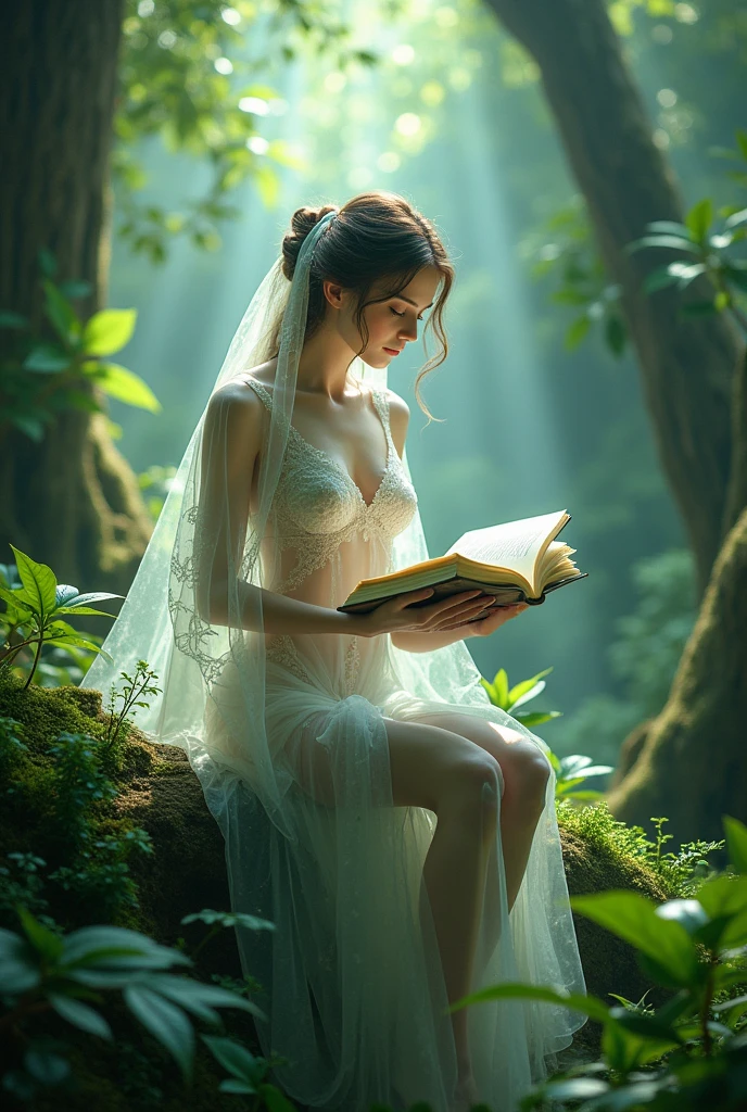 (photorealism:1.2), beautiful woman, transparent like made of water, reading a book in a forest

