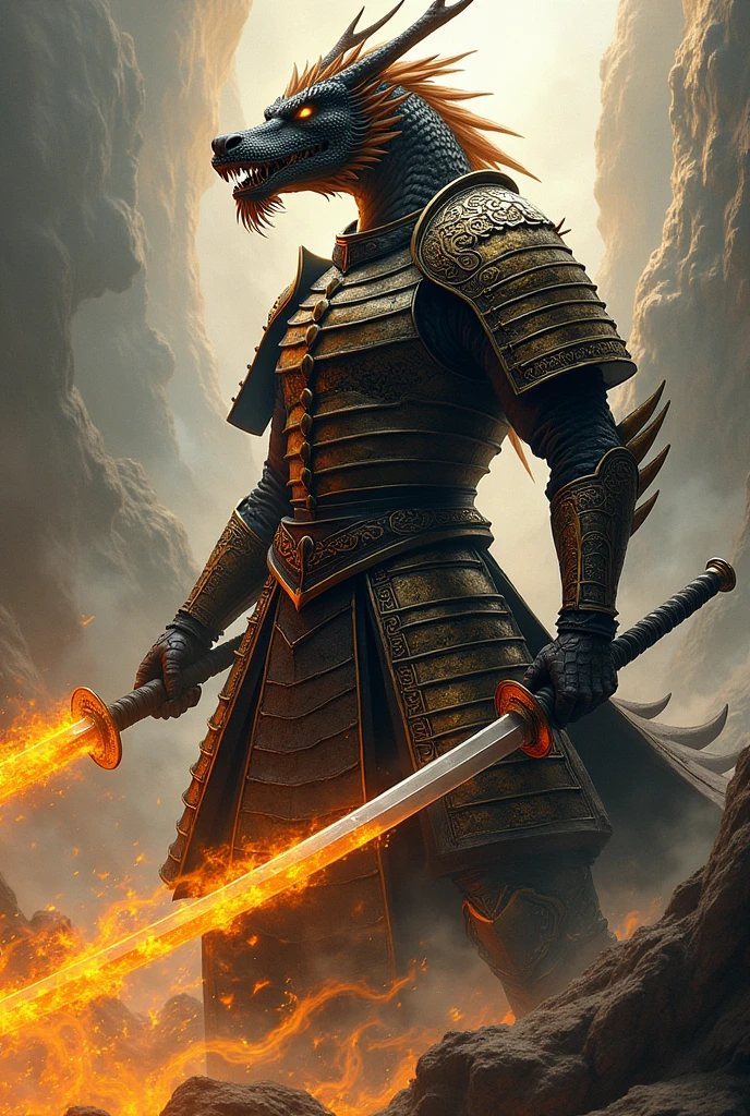 A Japanese Dragon with Armor like Guts from Berserk holding a katana with black and gold flames