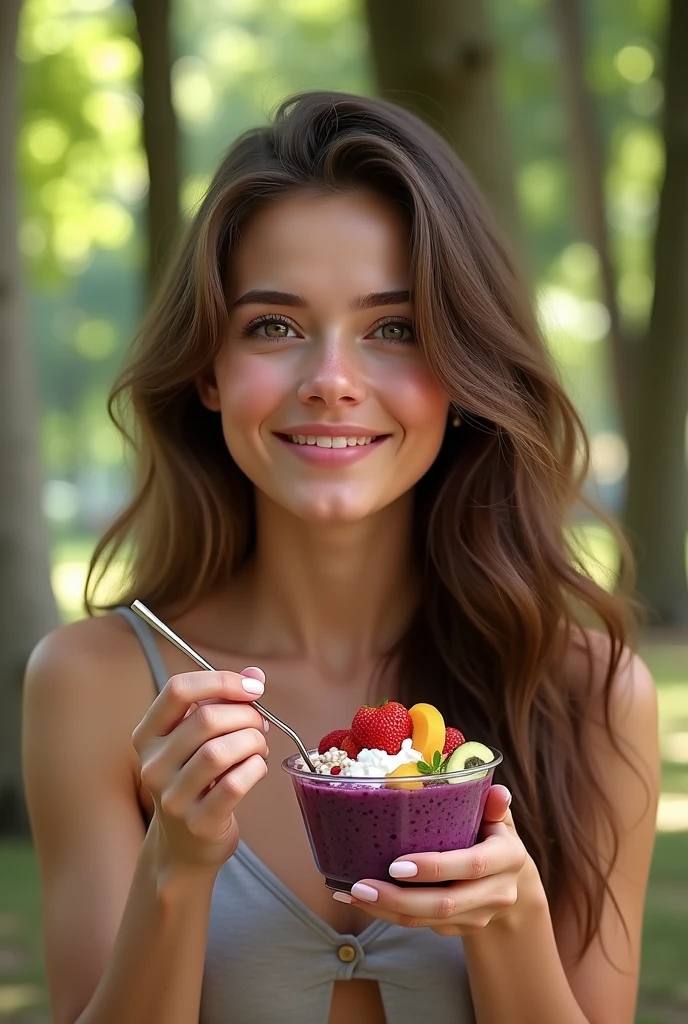 Realistic woman aged 25 to 35, in park, salmonete, chestnut hair, brown eye eating acai in a cup in the park, ultra HD, high qualiy, best qualityer, high resolution, 8k, 16K