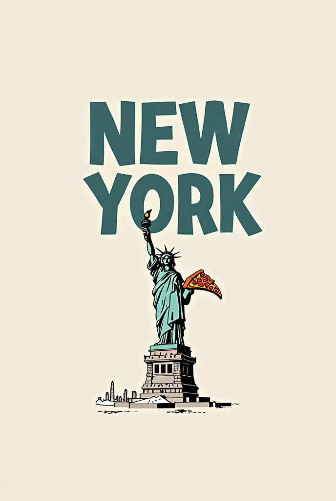 a t-shirt that says New York and underneath that word a small, minimalist image of the Statue of Liberty holding a slice of pizza