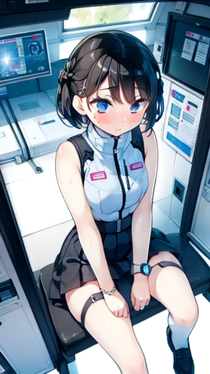 (Highest quality), (masterpiece), 1080P, High resolution, 4K, 8k, Inside the space station、Futuristic room、Thigh straps, Shooting from directly below, The woman on top of me, 白いSweat, Covered , Sweat, Woman looking down, Skirt swimsuit, Thigh-high socks, To achieve this, , , whole body, Black leather shoes, Braided hair, Inner Color, Embarrassed face, Short black hair, bracelet, Bedroom,celestial body_Vest
