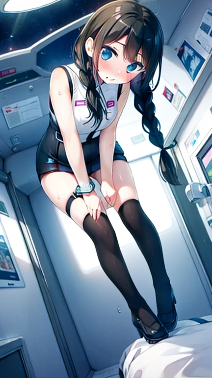(Highest quality), (masterpiece), 1080P, High resolution, 4K, 8k, Inside the space station、Futuristic room、Thigh straps, Shooting from directly below, The woman on top of me, 白いSweat, Covered , Sweat, Woman looking down, Skirt swimsuit, Thigh-high socks, To achieve this, 16 years old, , whole body, Black leather shoes, Braided hair, Inner Color, Embarrassed face, Short black hair, bracelet, Bedroom,celestial body_Vest