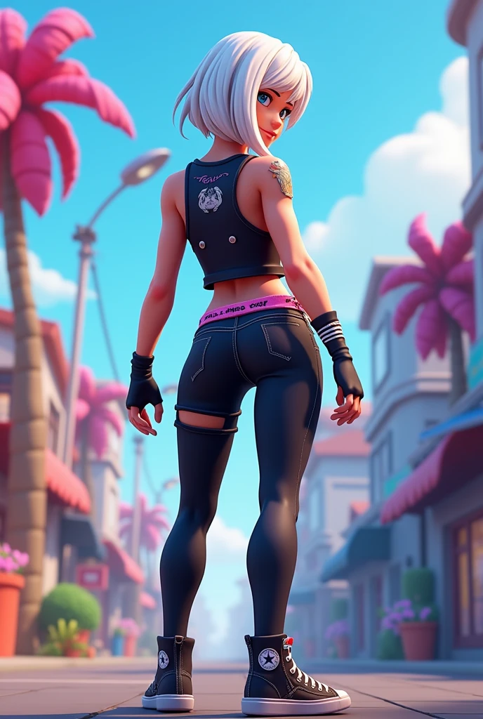 fortnite style girl with white hair blue eyes wearing glasses leggings pants allstar shoes rear full body
