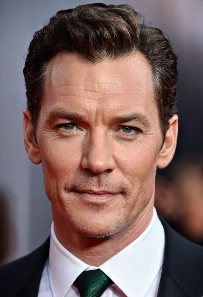 A portrait of a handsome Caucasian male whose facial features are a combo of James Marsters + Michael Fassbender + Benedict Cumberbatch + Kevin Conroy + Bruce Greenwood + Jason Isaacs + Johnny Depp + Mads Mikkelsen + Ben Affleck + Michael Keaton. The male appears to be in his early 40s. The male is of English, Irish, and Romanian descent. The male has black hair with gray at the temples and brown eyes. The male is 6 feet and 3 inches tall. The male wears an elegant and sharp black-and-green three-piece suit. The male looks imperious and powerful. Symmetrical eyes. Symmetrical face. Great details. Photorealistic. Full-colored photo. Professional photo. Highly detailed 8K.