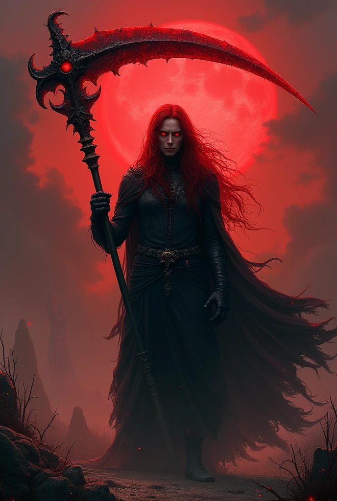 A MAN with red eyes long hair with a big red scythe