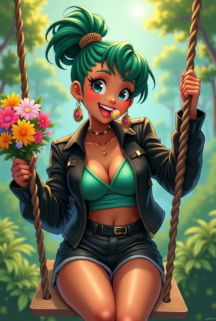 A brown-skinned girl with green hair in a bun on her head with a very happy smile playing on the swing with an outfit with a shiny black jacket, a blouse with a shiny green top, shiny short shorts and her eyes are black and she is holding a bouquet in her hand, all happy in a place full of nature, the bun on her head like this Nhonho, her head is so pretty and she has a big smile and wearing her big earrings in person at whoever passes by And with a lollipop in her mouth 


