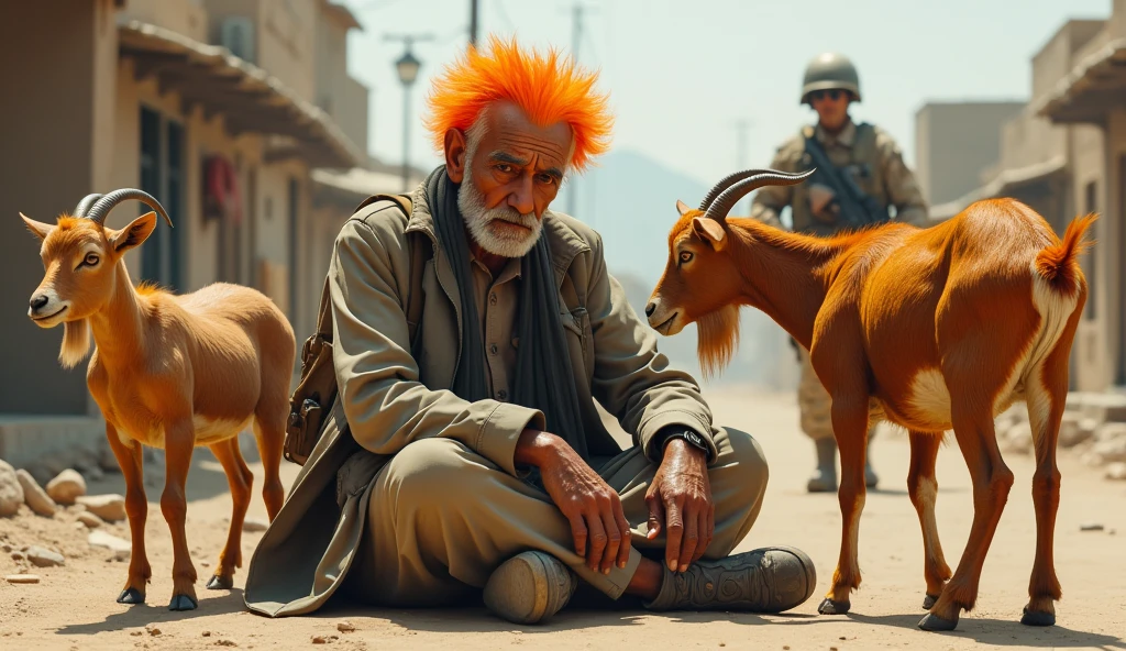 elderly Afghan citizen with orange hair sitting on the street, next to 2 goats with orange hair, next to American soldiers, arid landscape of Afghanistan