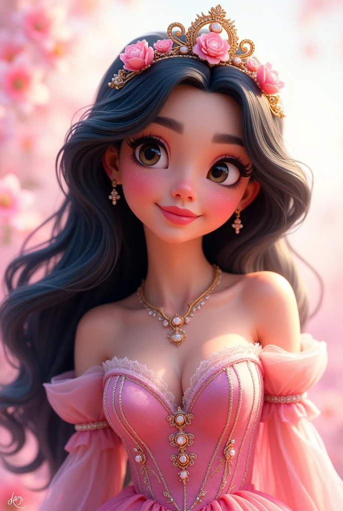 a disney pixar style princess, in a pink dress with long black hair, fundo png 