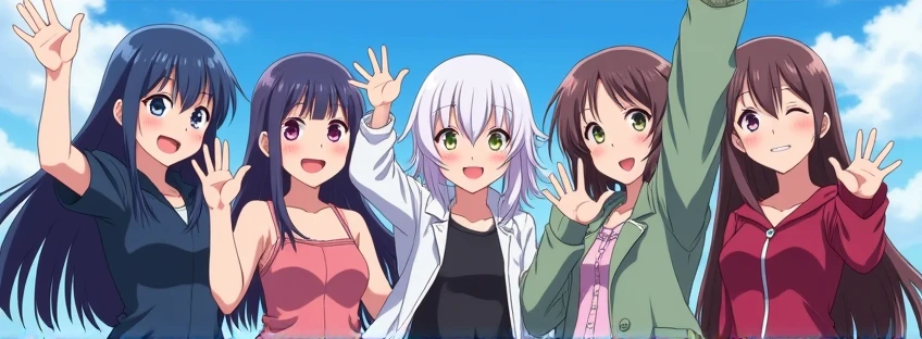 Cover photo of a group of epic happy anime characters who are waving and smiling, bearing the logo of my page "Vortex Anime -4k60-
