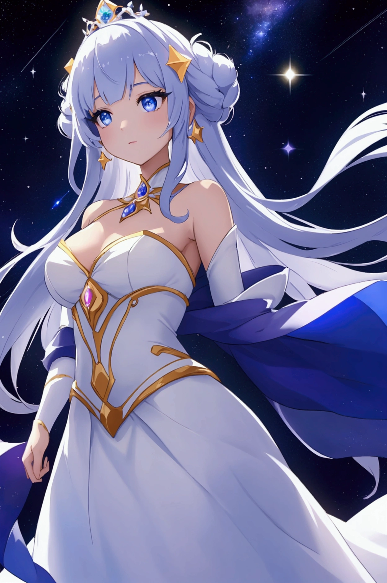 "An ethereal princess floating in space. She wears a gown made of shimmering stars, with a soft glowing aura surrounding her. Her expression is serene yet powerful, with deep eyes that reflect the wisdom of the cosmos. In the background, countless stars and a few bright galaxies are visible."