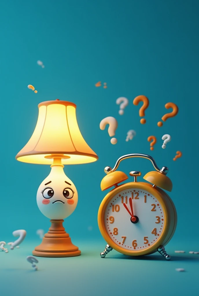 Create an image for a quiz profile with a cute, worried looking lamp and a clock with question marks around them, a blue background with a more vibrant color, a more beautiful and cute lamp. 
