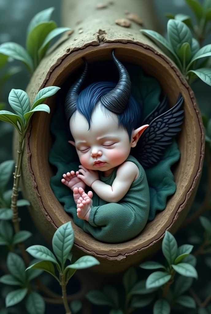 detailed art. masterpiece. Newborn baby with very short navy blue hair. The baby has two small black horns on its head.. The baby's horns are similar to Maleficent's, but much smaller. The baby has white skin. Baby has slightly pointed fairy ears. The baby has a pair of wings that look like crow wings that are just forming on its back.. The wings have black feathers. The baby is asleep. The baby is dressed in fairy clothes. The baby is lying inside a hollow log, surrounded by leaves. The environment where the baby is must be magical