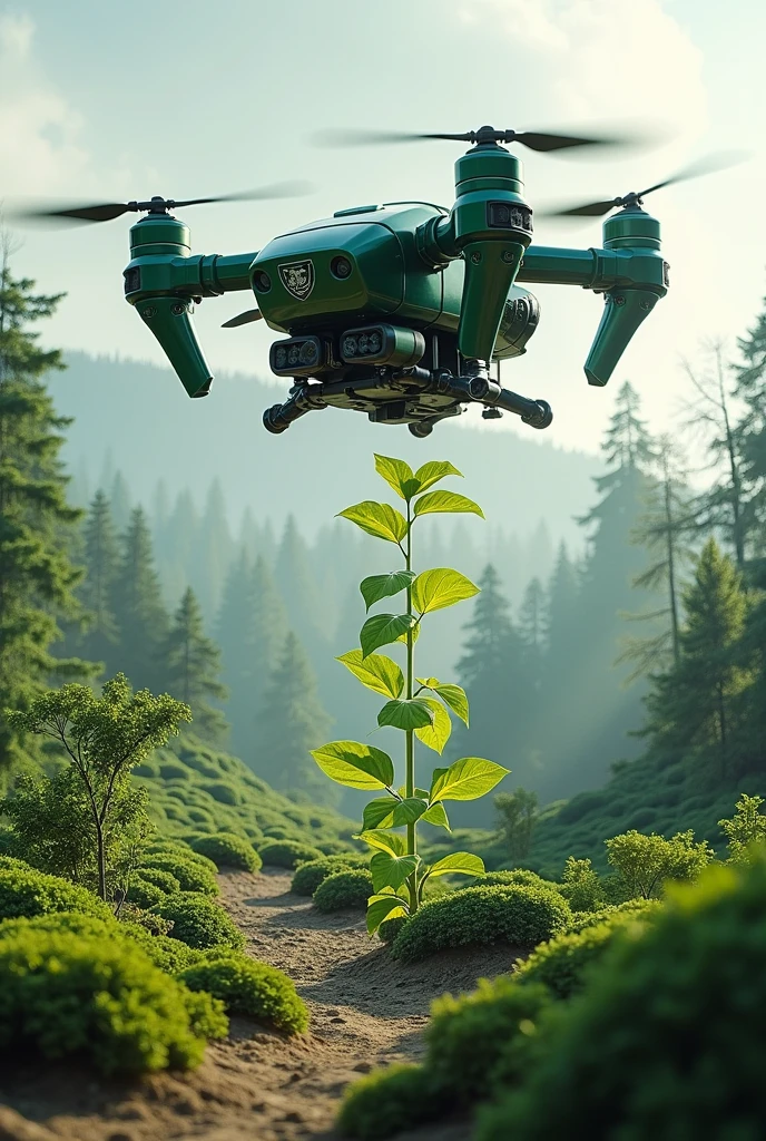 ### **TreeGuardian Bot Features and Functions:**
1. **Drone Seminal:**
- An aerial robot (drone) capable of flying over deforested areas and launching "seed capsules". These biodegradable capsules contain seeds wrapped in a nutritious substrate that facilitates germination.
- The drone uses topographic mapping to identify areas suitable for planting and deposits the capsules in strategically selected locations.
2. **Advanced Analysis and Mapping:**
- Equipped with high-resolution cameras and LIDAR sensors, the drone makes a detailed analysis of the terrain, Identifying microenvironments, water flows, and soil characteristics.
- Generates 3D maps that are used to plan where and how reforestation should occur, prioritizing more degraded areas or areas more favorable to plant growth.
3. **Modular Replenishment:**
- The TreeGuardian Bot base can store different types of seeds and substrates, allowing it to be loaded according to the needs of the area to be reforested.
- The drone automatically returns to base to recharge and refuel, optimizing operating time.
4. **Innovative Seeding:**
- As seed capsules são projetadas para se biodegradar lentamente, releasing nutrients into the soil and helping to protect seeds from predators and extreme weather.
- Can release a variety of plant species, including native trees, shrubs and hedge plants, promoting biodiversity.
5. **Monitoring and Maintenance:**
- The TreeGuardian Bot performs periodic flights to monitor the progress of the plants, using cameras and thermal sensors to assess vegetation health.
- In case of forest fires or pests, It can flag affected areas so that rapid control and recovery measures can be taken..
6. **Collaboration with SoloBots:**
- Beyond the aerial drone, small ground robots, conhecidos como "SoloBots", can complement the work