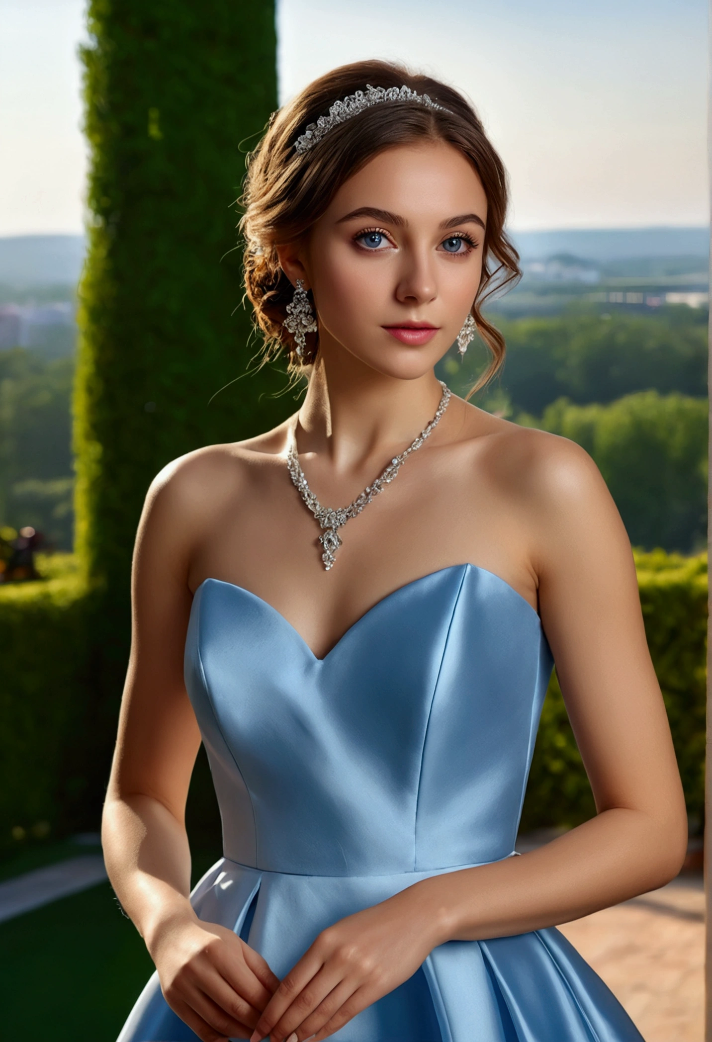 (masterpiece, best quality:1.5), highest quality, High resolution, super detailed, Realists, Full body photo of a young European brunette, detailed and beautiful brown eyes, very detailed eyes and face, longeyelashes, The young woman wears a short blue bridesmaid dress with thin straps made of shiny satin.., beautiful natural makeup, elegant and noble々Pose, Gardens as background, soft daylight, bright colors, fine brushstrokes, shiny fabric for clothing, beautiful color palette, glowing skin, First-class rendering, that captures every detail, enchanting atmosphere, subtle shadows and lights, (perfect anatomy:1.2), (The stunning young woman is at a wedding and is thrilled, (magnificent panorama view:1.2)
