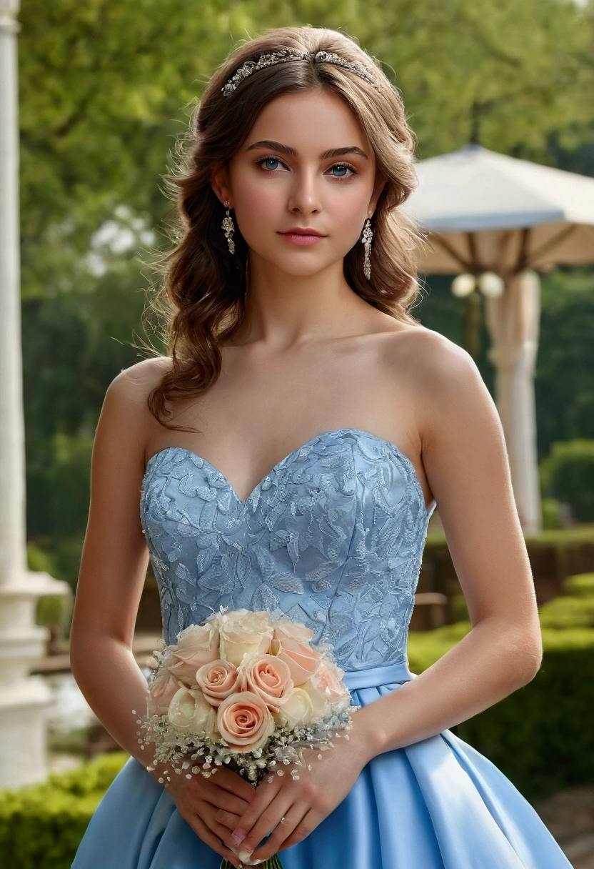 (masterpiece, best quality:1.5), highest quality, High resolution, super detailed, Realists, Full body photo of a young European brunette, detailed and beautiful brown eyes, very detailed eyes and face, longeyelashes, The young woman wears a short blue bridesmaid dress with thin straps made of shiny satin.., beautiful natural makeup, elegant and noble々Pose, Gardens as background, soft daylight, bright colors, fine brushstrokes, shiny fabric for clothing, beautiful color palette, glowing skin, First-class rendering, that captures every detail, enchanting atmosphere, subtle shadows and lights, (perfect anatomy:1.2), (The stunning young woman is at a wedding and is thrilled, (magnificent panorama view:1.2)