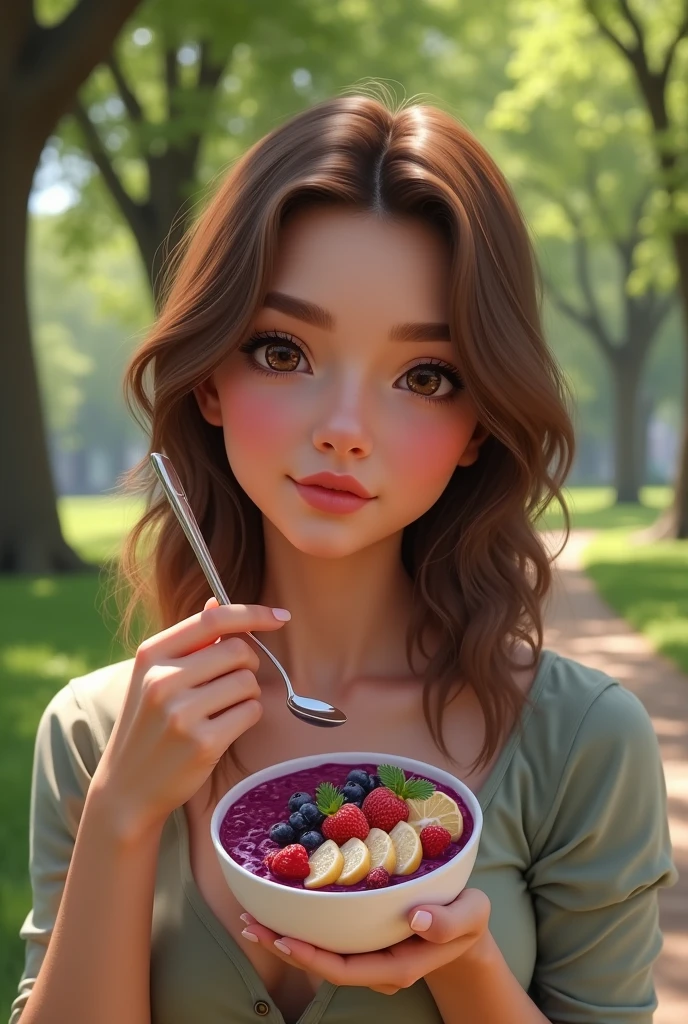 Realistic woman aged 25 to 35, in park, salmonete, chestnut hair, brown eye eating acai in a cup in the park, ultra HD, high qualiy, best qualityer, high resolution, 8k, 16K