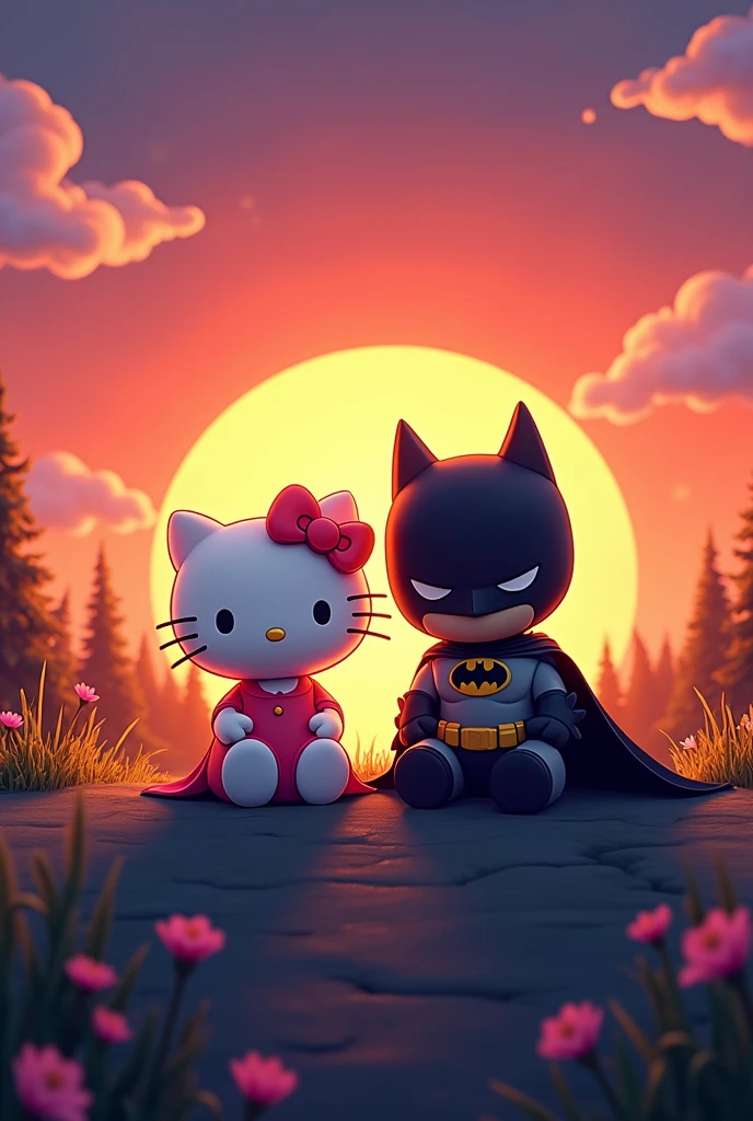 Hello kitty and Batman watching the sunset animated