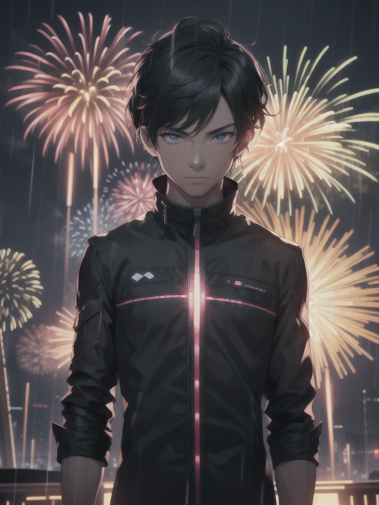 rain, solo, male focus, glowing, energy, 1boy, fireworks, emphasis lines, laser, cyberpunk