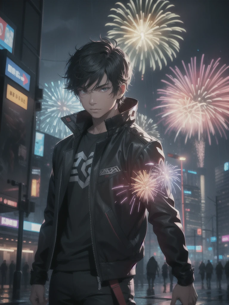 rain, solo, male focus, glowing, energy, 1boy, fireworks, emphasis lines, laser, cyberpunk