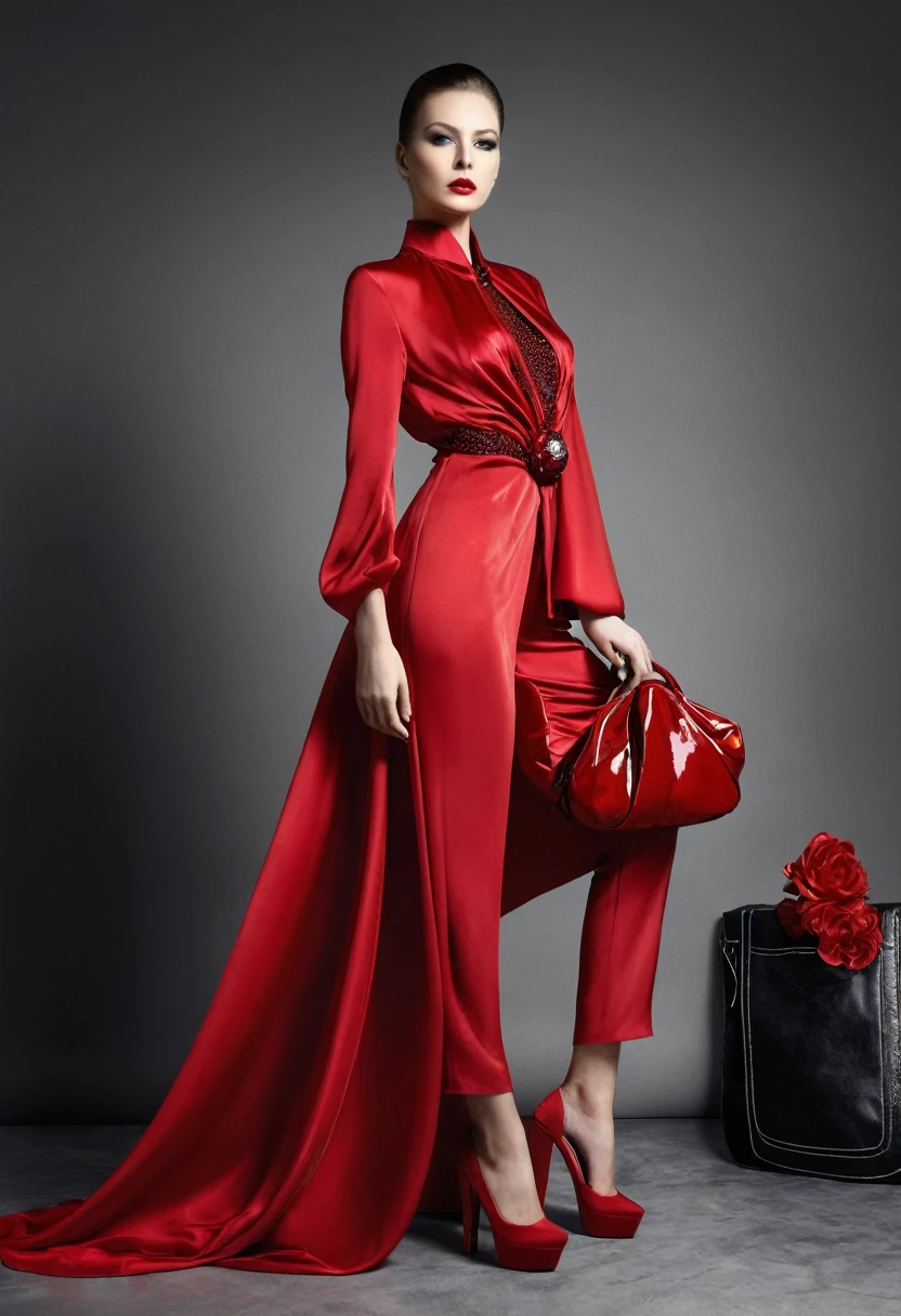 beautiful sexy woman, beautiful avant-garde style, full length , Beautiful red silk clothes , Accessories ,Bag,