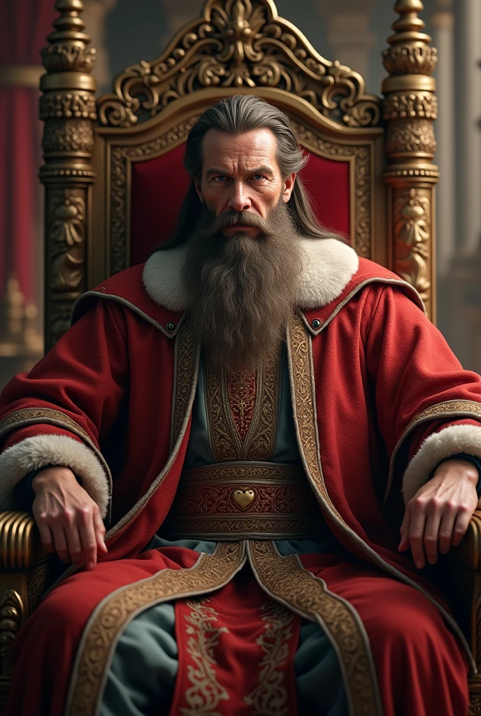 A 55-year-old king with a beard and brown hair