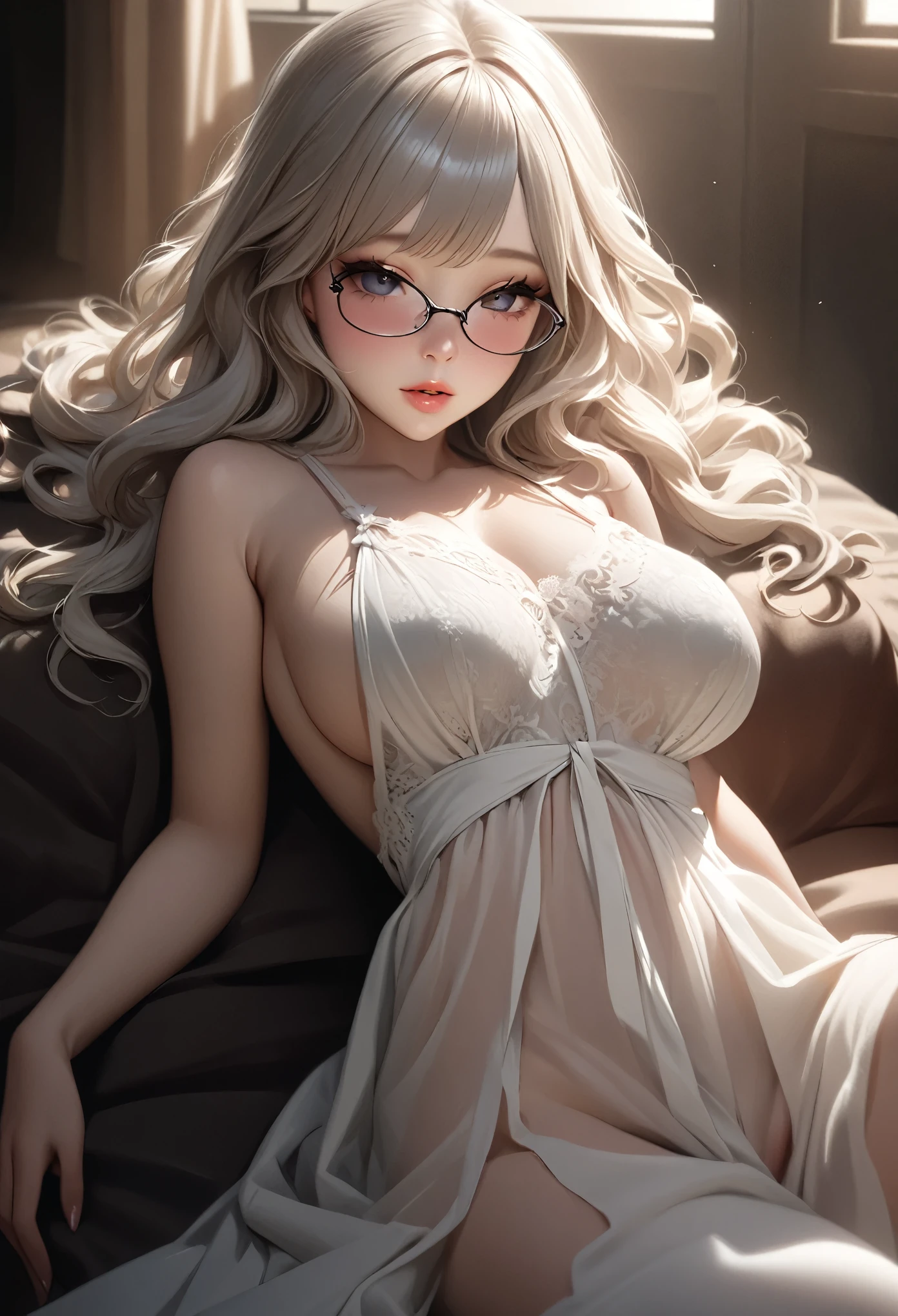 1girl, elegant erotic 13 year old beautiful girl, big breasts, ((white wavy hair)) (glasses), maxi dress, masturbation, self-pleasure, lingerie, adultery, indecent, vulgar, (best quality,4k,8k,highres,masterpiece:1.2),ultra-detailed,(realistic,photorealistic,photo-realistic:1.37),intricate details, delicate facial features, beautiful eyes, ulzzang, long eyelashes, small nose, full lips, porcelain skin, natural lighting, warm color palette, chiaroscuro lighting, dramatic shadows, sensual, alluring, mature themes, artistic, dreamlike, ethereal, ((arms behind back)), 