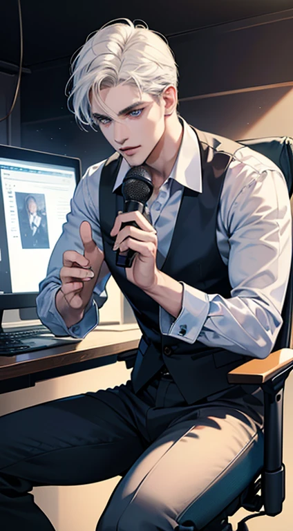 (best qualityer, work of art, 8k, photorrealistic, cinematic lighting, HDR IMAGE, ultra detaild, Beautiful picture), 1 men, 31 years old, mature man, Very beauthful, (without expression, Seriously), short white hair, blue colored eyes ( piercing look), perfect face no mistakes, imposing posture, no mistakes, business man, office background sitting in a gamer chair with a microphone talking to a podcast facing the camera