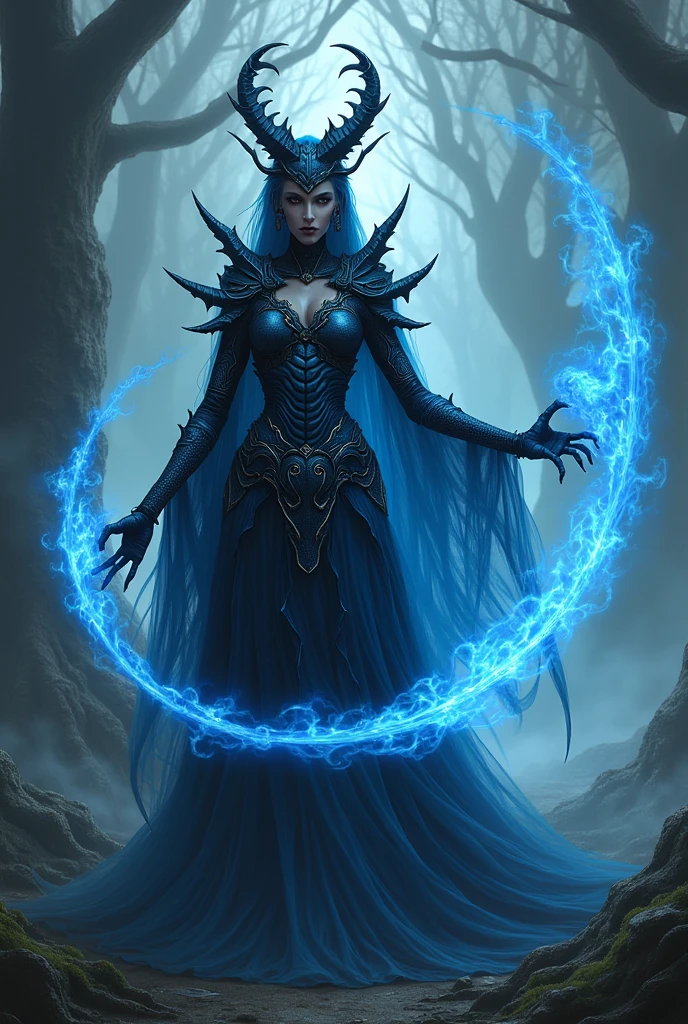 A beatiful but evil beetle lady (not a ladybug), with a witch outfit and handling a blue flaming whip