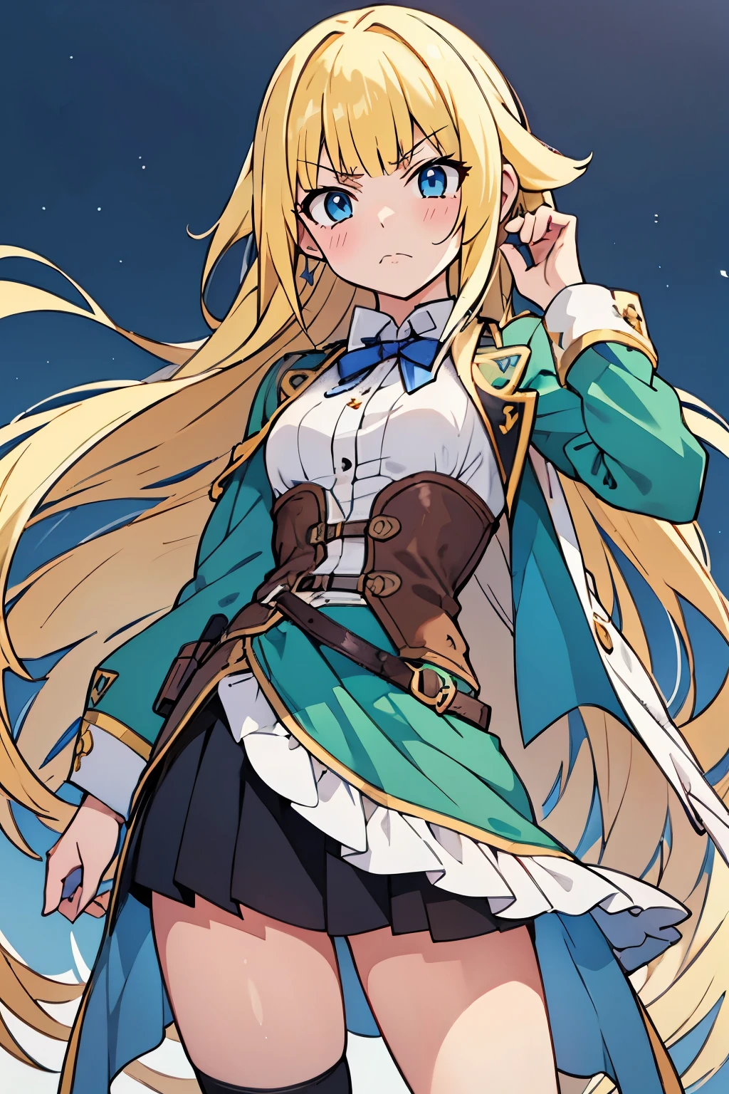 fairy_tail_style, Safe for work, solo girl, (young female body:1.4), (medium small breasts), golden yellow hair, extra long disheveled yellow hair, hime cut, light blue eyes, round eyes, cowboy shot, arena background, fight arena in the background, dark green outfit, white details, green griffin style dress, dark green dress, stockings, long sleeves, white ribbons in hair, griffin style steampunk