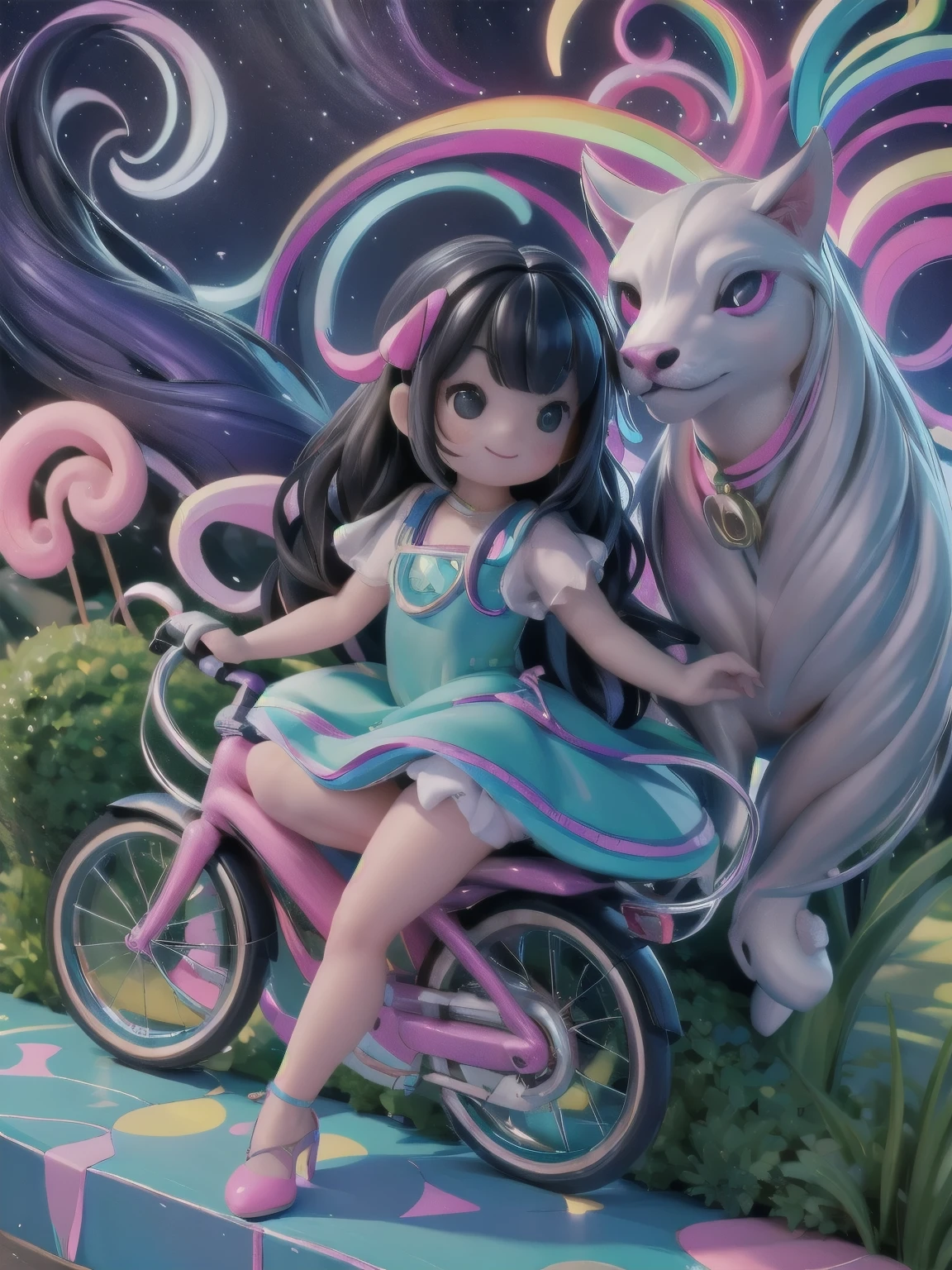 a cute kawaii girl smiling riding a (bicycle) , night scene, fantasy wolrd style, candy world, magical dress, pumps, cristal rainbow road