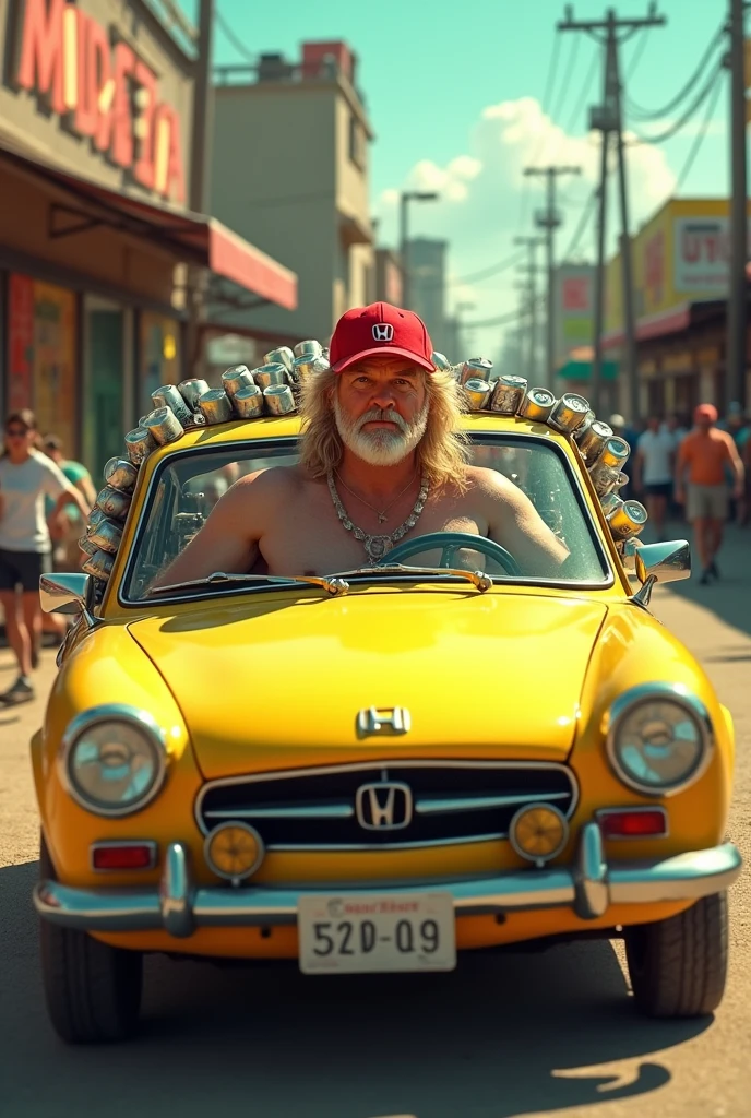  voiture jaune type honda logo, avec un homme dedans, cheveux blond, barbe mi longue, bob de couleur rouge, tout petit yeux brun, centaines de canettes de bieres a l’arriere de la voiture, autocollants d’alcool sur la voiture  