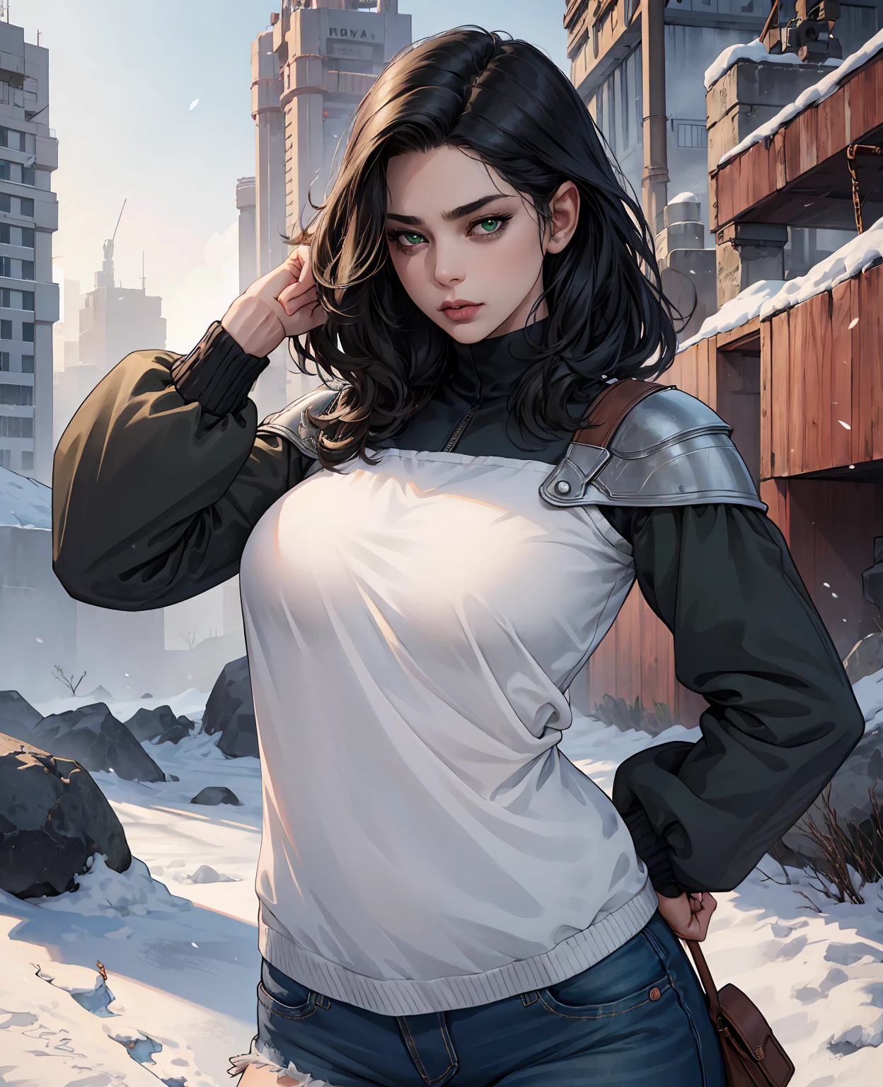 1 girl, shoulder-length wavy black hair, green eyes, thin lips, long-sleeved shirt, jeans, winter boots, frozen ruins, apocalypse snow, arrogant, (best quality,4k,8k,highres,masterpiece:1.2),ultra-detailed,(realistic,photorealistic,photo-realistic:1.37),HDR,UHD,studio lighting,ultra-fine painting,sharp focus,physically-based rendering,extreme detail description,professional,vivid colors,bokeh,concept art