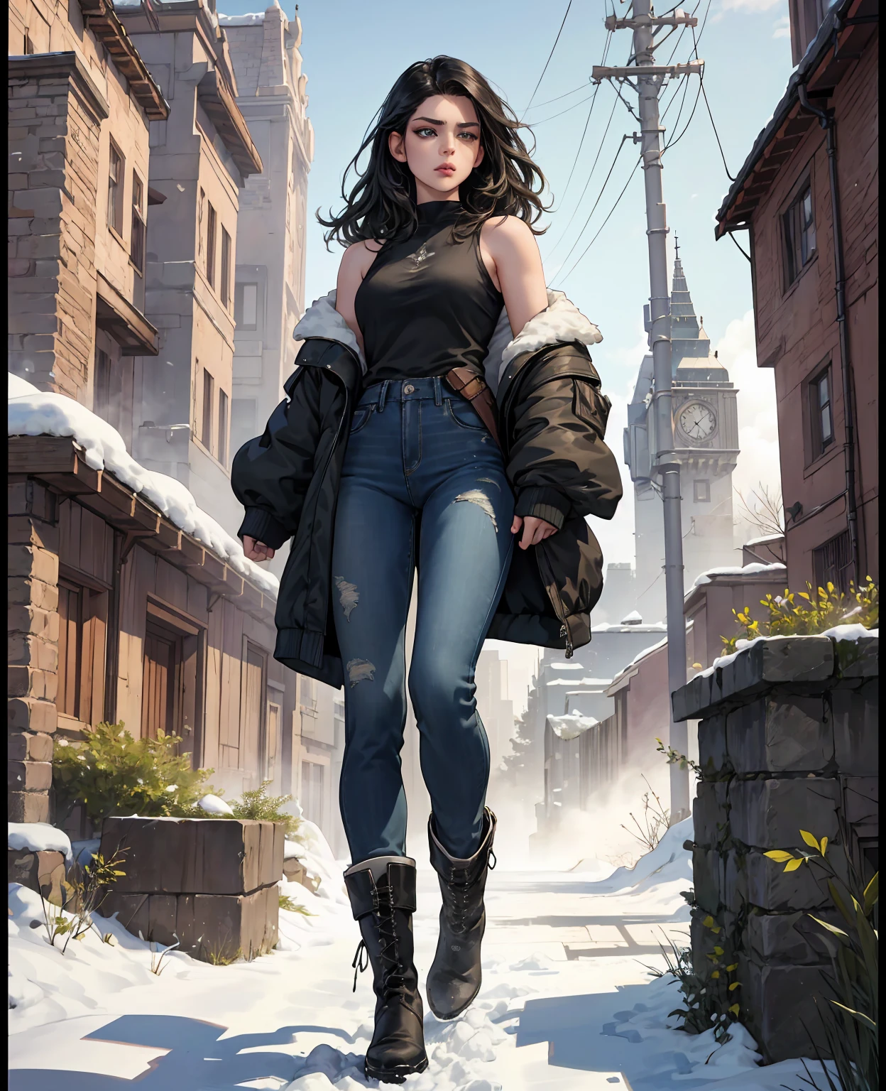 1 girl, shoulder-length wavy black hair, green eyes, thin lips, long-sleeved shirt, jeans, winter boots, frozen ruins, apocalypse snow, arrogant, (best quality,4k,8k,highres,masterpiece:1.2),ultra-detailed,(realistic,photorealistic,photo-realistic:1.37),HDR,UHD,studio lighting,ultra-fine painting,sharp focus,physically-based rendering,extreme detail description,professional,vivid colors,bokeh,concept art