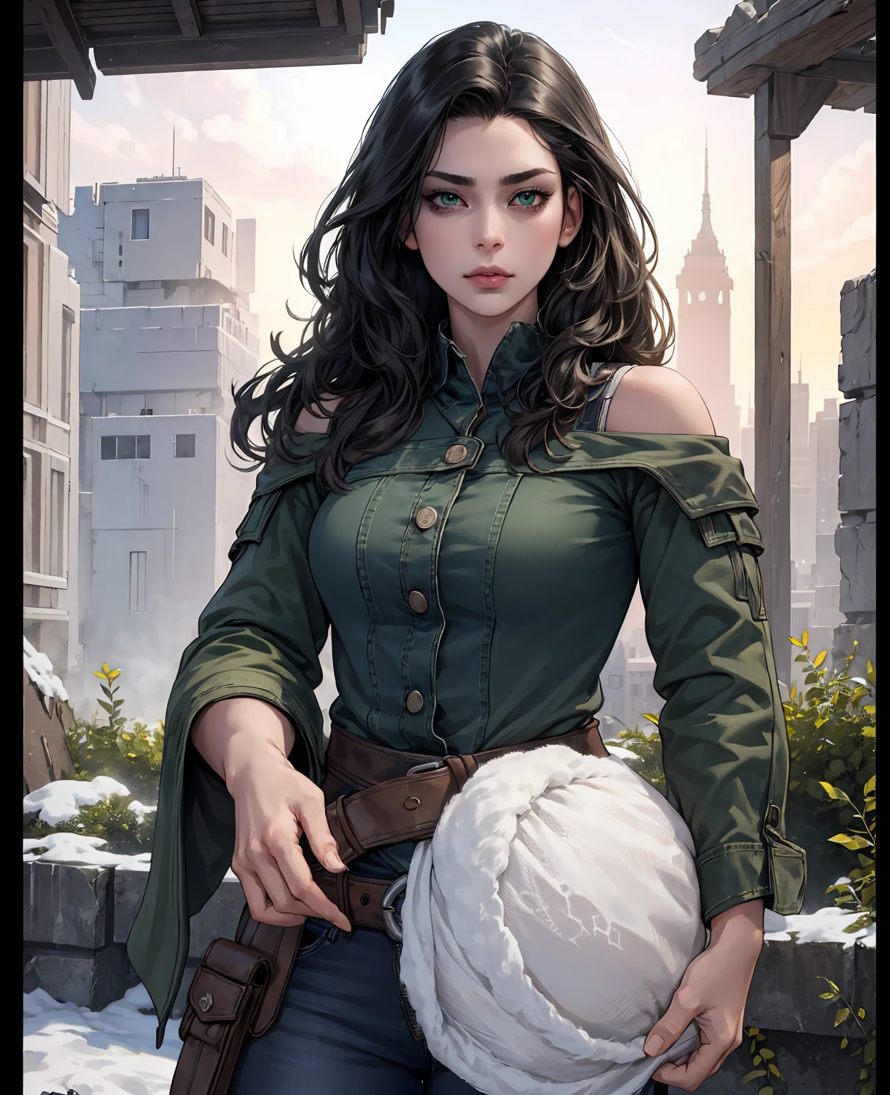 1 girl, shoulder-length wavy black hair, green eyes, thin lips, long-sleeved shirt, jeans, winter boots, frozen ruins, apocalypse snow, arrogant, (best quality,4k,8k,highres,masterpiece:1.2),ultra-detailed,(realistic,photorealistic,photo-realistic:1.37),HDR,UHD,studio lighting,ultra-fine painting,sharp focus,physically-based rendering,extreme detail description,professional,vivid colors,bokeh,concept art