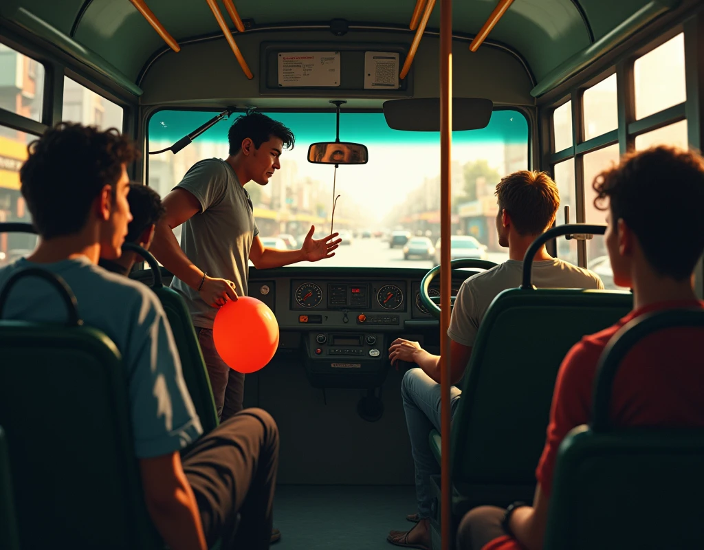 A crowded bus, a passenger (Chico Mão Leve) standing, desperate, holding his balloon and asking the driver to stop. The driver, looking in the rearview mirror, hesitates.