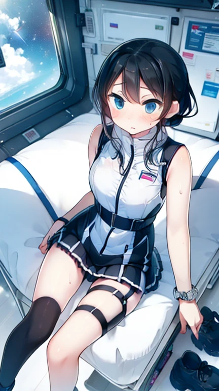 (Highest quality), (masterpiece), 1080P, High resolution, 4K, 8k, Inside the space station、Futuristic room、Thigh straps, Shooting from directly below, The woman on top of me, 白いSweat, Covered , Sweat, Woman looking down, Skirt swimsuit, Thigh-high socks, To achieve this, , , whole body, Black leather shoes, Braided hair, Inner Color, Embarrassed face, Short black hair, bracelet, Bedroom,celestial body_Vest
