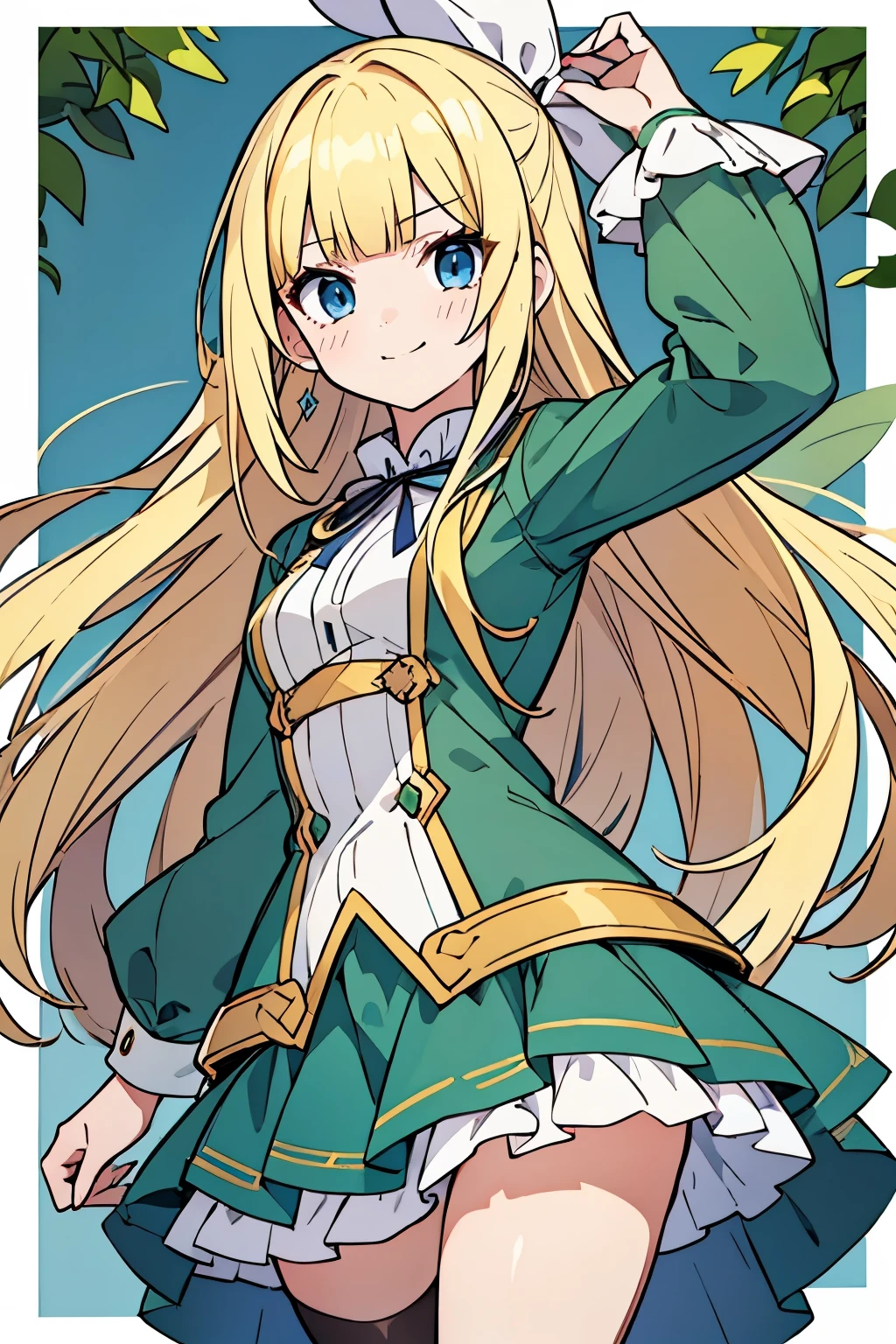 fairy_tail_style, Safe for work, solo girl, (young female body:1.4), (medium small breasts), golden yellow hair, extra long disheveled yellow hair, hime cut, light blue eyes, round eyes, cowboy shot, dynamic posing, medieval town background, outisde, shop with bushes in front, dark green outfit, white details, green griffin style dress, dark green dress, stockings, long sleeves, white ribbons in hair, multiple layered skirt, ruffled skirt