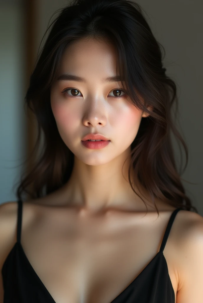 photo brute, femme visage jolie asiatique ;une belle femme de 20 ans ,visage caractere sexy, porter une robe noire, mine coquine, ombres subtil, porter de vue de face, Éclairage lumineux