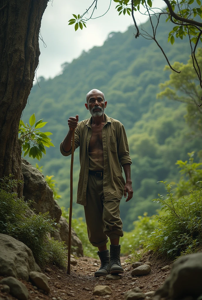 Imagine a Brazilian man in a remote, natural environment, like a rainforest or a mountainous region. The individual could be wearing simple, sturdy clothing, suitable for the climate and terrain. To represent blindness, you could show the person touching a staff or cane, which is a common accessory for people who are blind. The expression on the face can be serene and concentrated, reflecting adaptation to the environment. The surrounding scenery may include natural elements such as trees., stones and vegetation typical of the region, giving a feeling of isolation and connection with nature.
