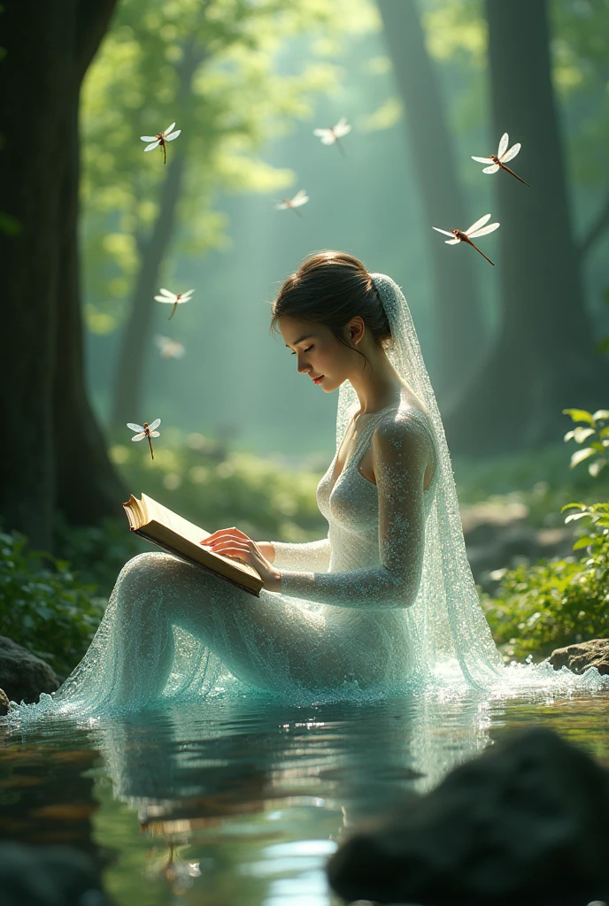 (photorealism:1.2), beautiful woman, transparent like made of water, reading a book in a forest. But the woman should not be too thin and dragonflies are flying around her