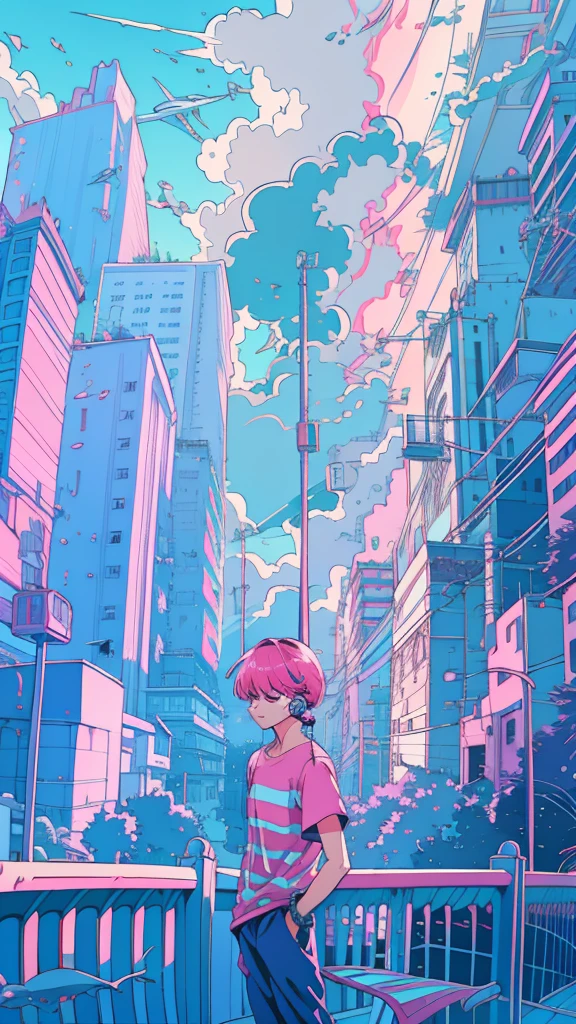 alone, lofi artstyle, lofi art, city, town, 80s anime style, Retro, Lo-Fi, masterpiece, best quality, (extremely detailed CG unity 8k wallpaper), (best quality), (best illustration), (best shadow), absurdres, realistic lighting, (Abyss), beautiful detailed reglow, 1girl, bracelet, building, city, cityscape, cloud, day, hands in pockets, jewelry, outdoors, pants, pink hair, shirt, oversize shirt, short hair, short sleeves, sky, skyscraper, solo, standing, striped, t-shirt, headphone, Close Eyes, calm face