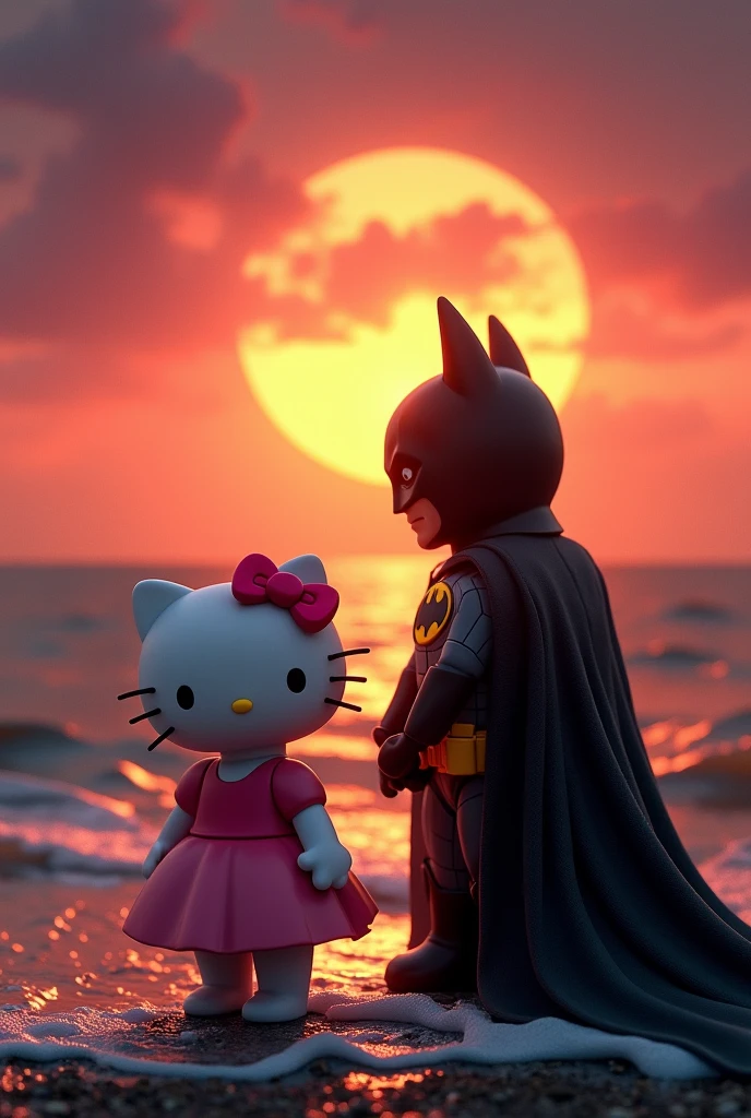 Hello kitty and Batman watch the sunset by the sea 