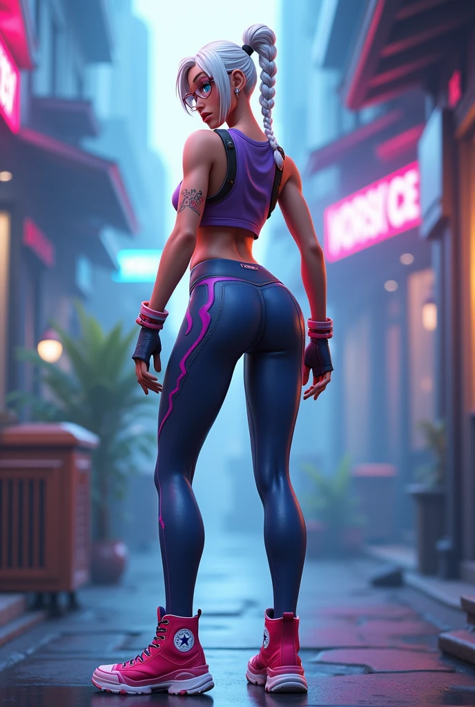 fortnite style girl with white hair blue eyes wearing glasses sexy legging pants allstar shoes rear full body