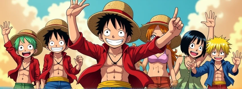 Cover photo of a group of epic happy anime characters LIKE Luffy who are waving and smiling, carrying the logo of my page "Vortex Anime -4k60-