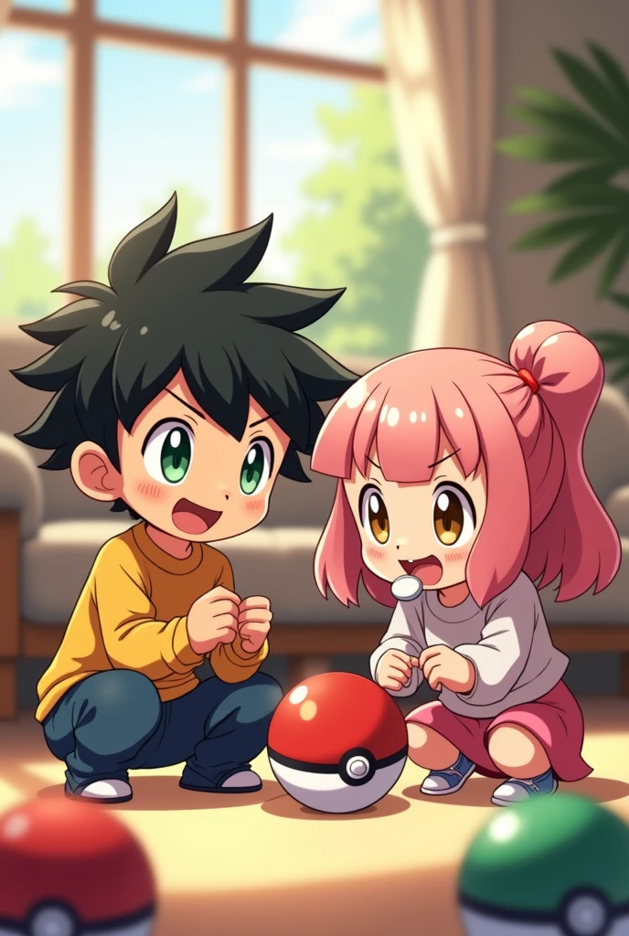 draw anime style a boy playing in the living room with his sister with pokeballs.
The boy has black hair and green eyes. The girl has a pacifier, Her hair is soft pink and her eyes are brown.